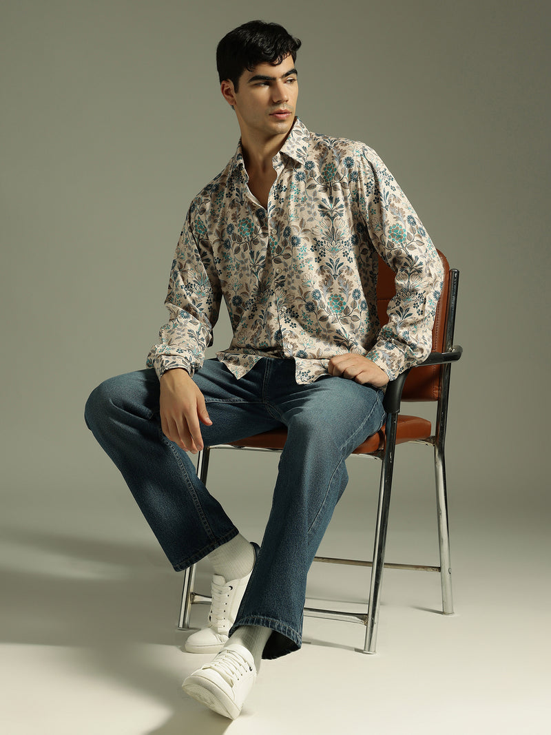 Beige: Full Sleeves Floral Printed Shirt