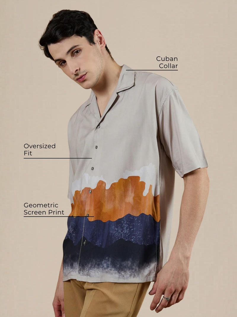 Cream & Blue: Oversized Placement Printed Shirt