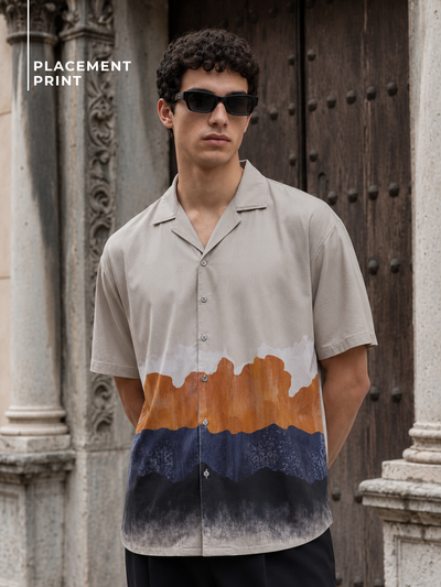 Cream & Blue: Oversized Placement Printed Shirt
