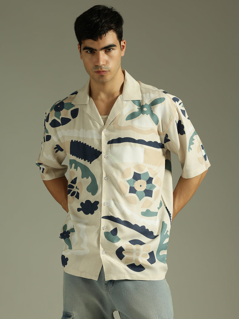 Beige: Abstract Printed Drop Shoulder Oversized Shirt