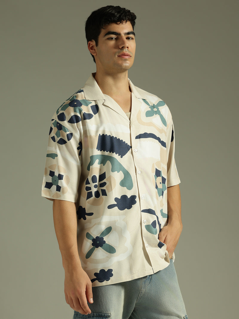 Beige: Abstract Printed Drop Shoulder Oversized Shirt