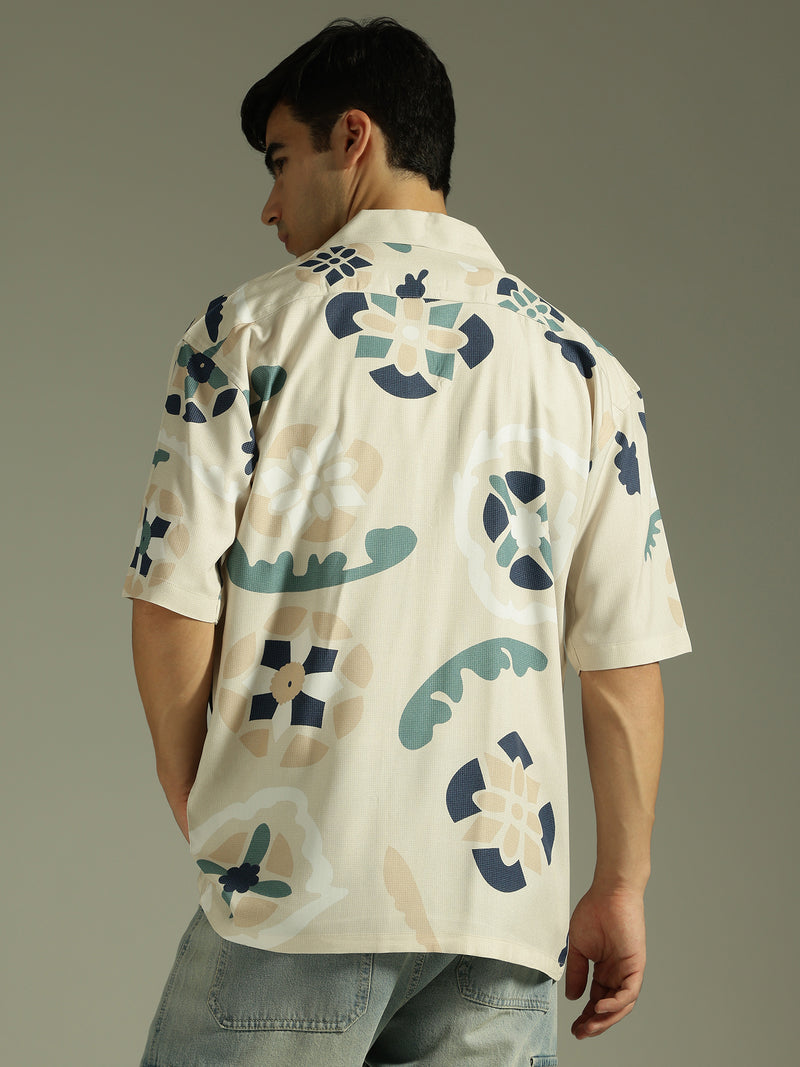 Beige: Abstract Printed Drop Shoulder Oversized Shirt