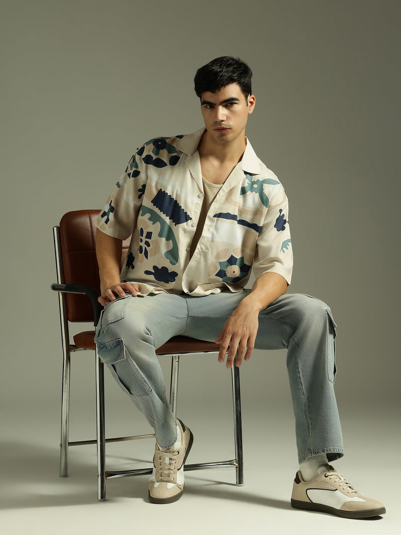 Beige: Abstract Printed Drop Shoulder Oversized Shirt