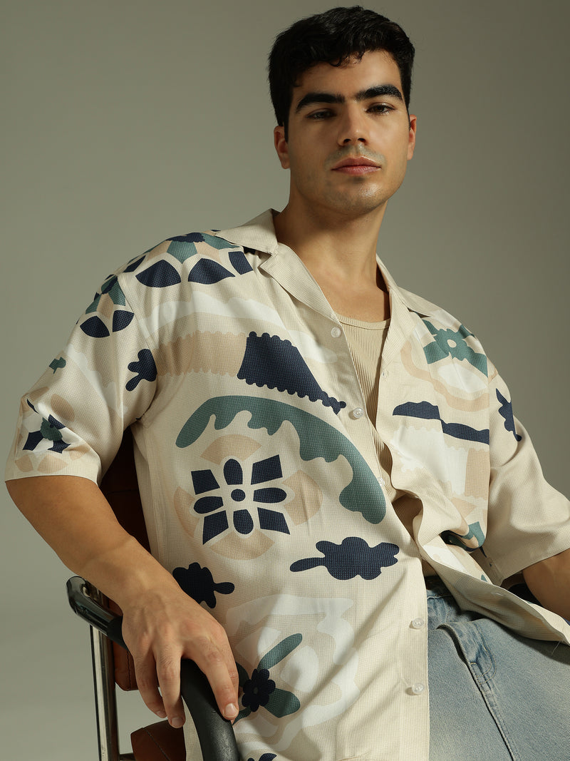 Beige: Abstract Printed Drop Shoulder Oversized Shirt