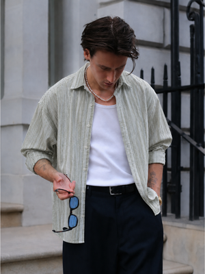 Olive Green & White: Striped Oversized Casual Shirt