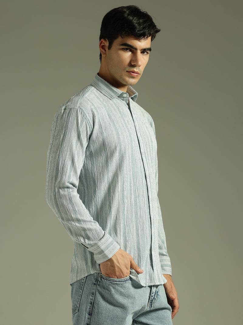Green & White: Textured Drop Shoulder Casual Shirt