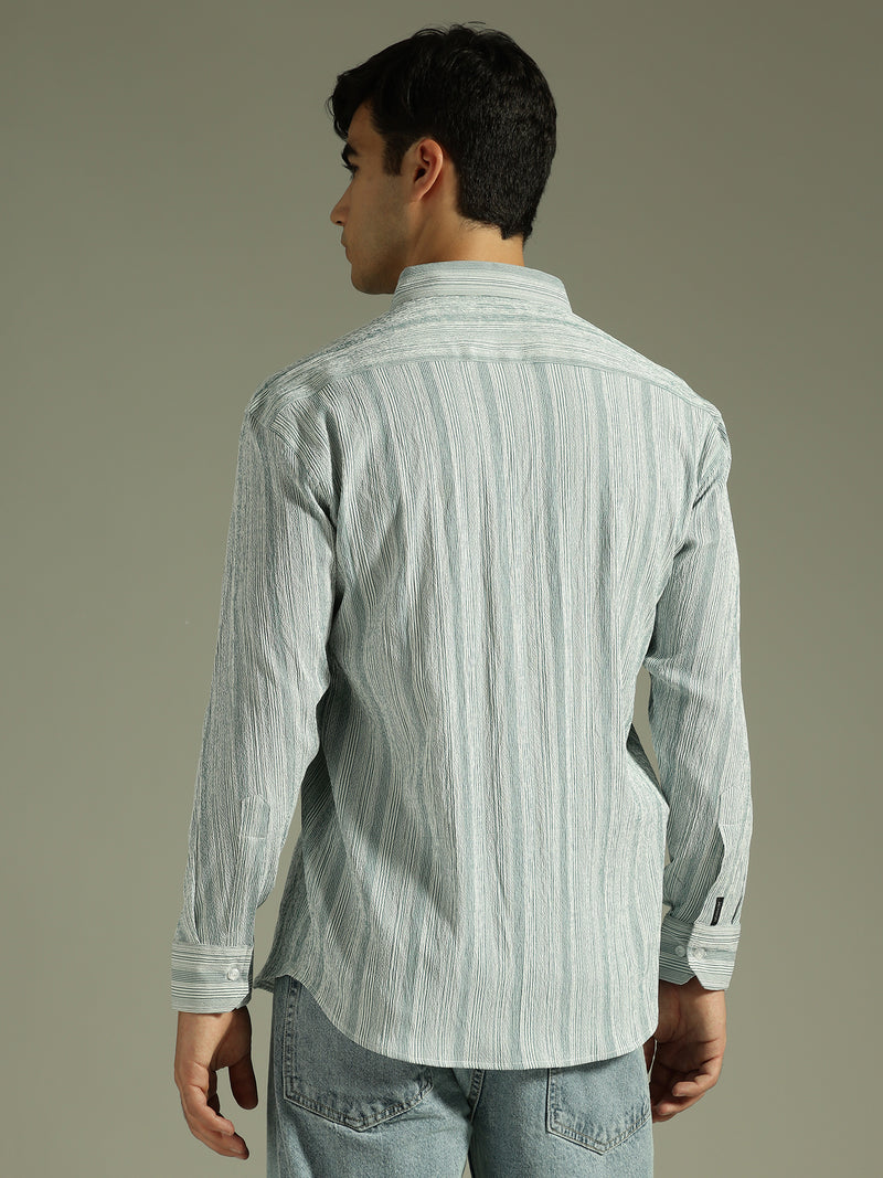 Green & White: Textured Drop Shoulder Casual Shirt