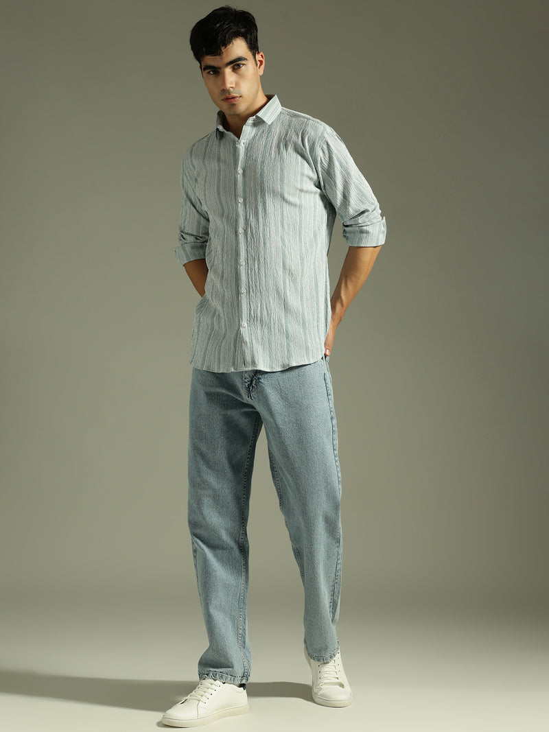 Green & White: Textured Drop Shoulder Casual Shirt