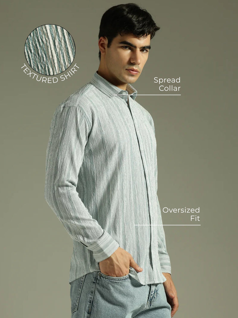 Green & White: Textured Drop Shoulder Casual Shirt