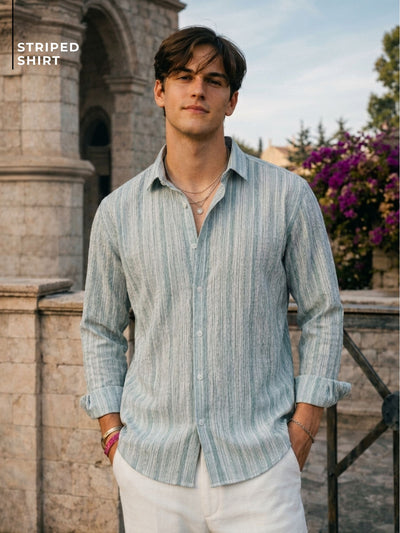 Green & White: Textured Drop Shoulder Casual Shirt