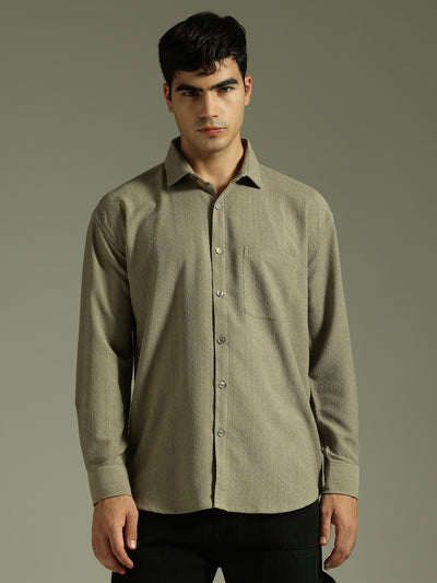 Light Olive: Textured Drop Shoulder Casual Shirt