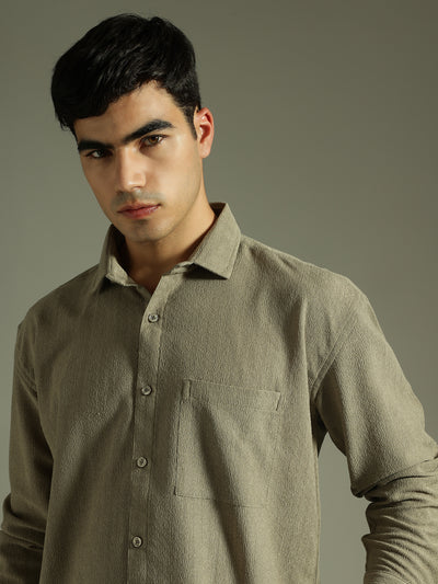 Light Olive: Textured Drop Shoulder Casual Shirt