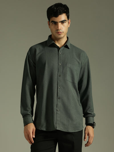 Green: Textured Drop Shoulder Casual Shirt