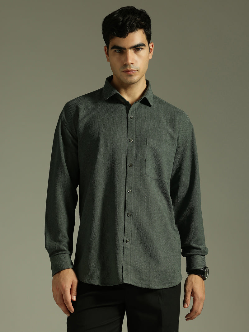 Green: Textured Drop Shoulder Casual Shirt
