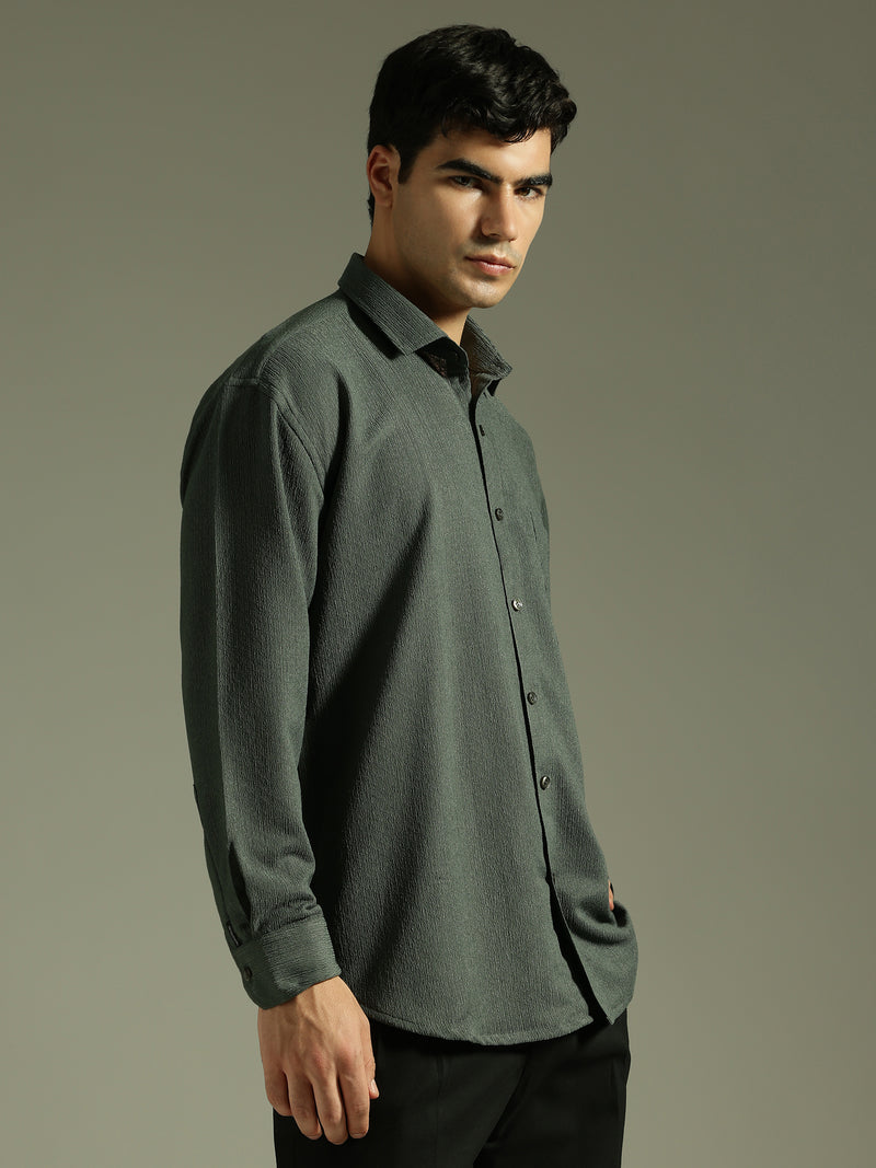 Green: Textured Drop Shoulder Casual Shirt