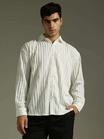 White: Stretchable Pleated Drop Shoulder Casual Shirt