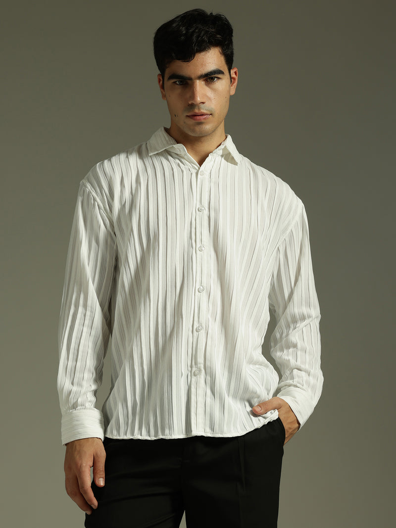 White: Stretchable Pleated Drop Shoulder Casual Shirt