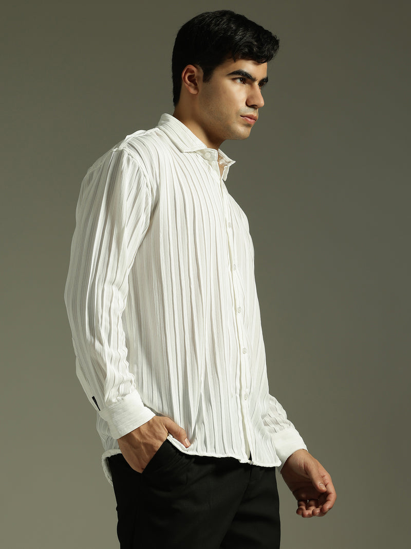 White: Stretchable Pleated Drop Shoulder Casual Shirt