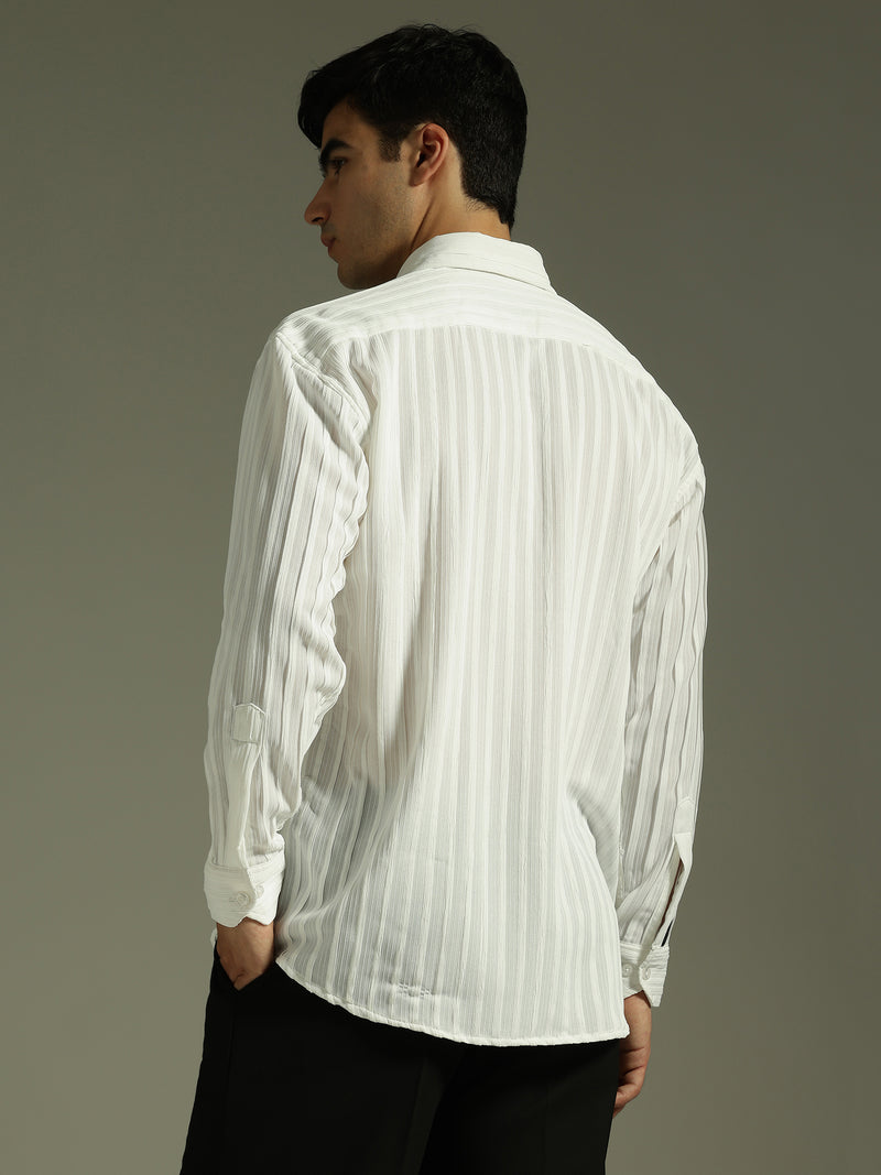 White: Stretchable Pleated Drop Shoulder Casual Shirt