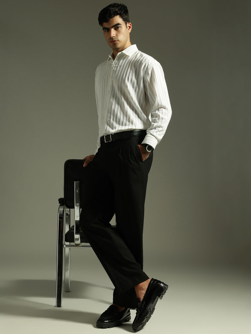 White: Stretchable Pleated Drop Shoulder Casual Shirt