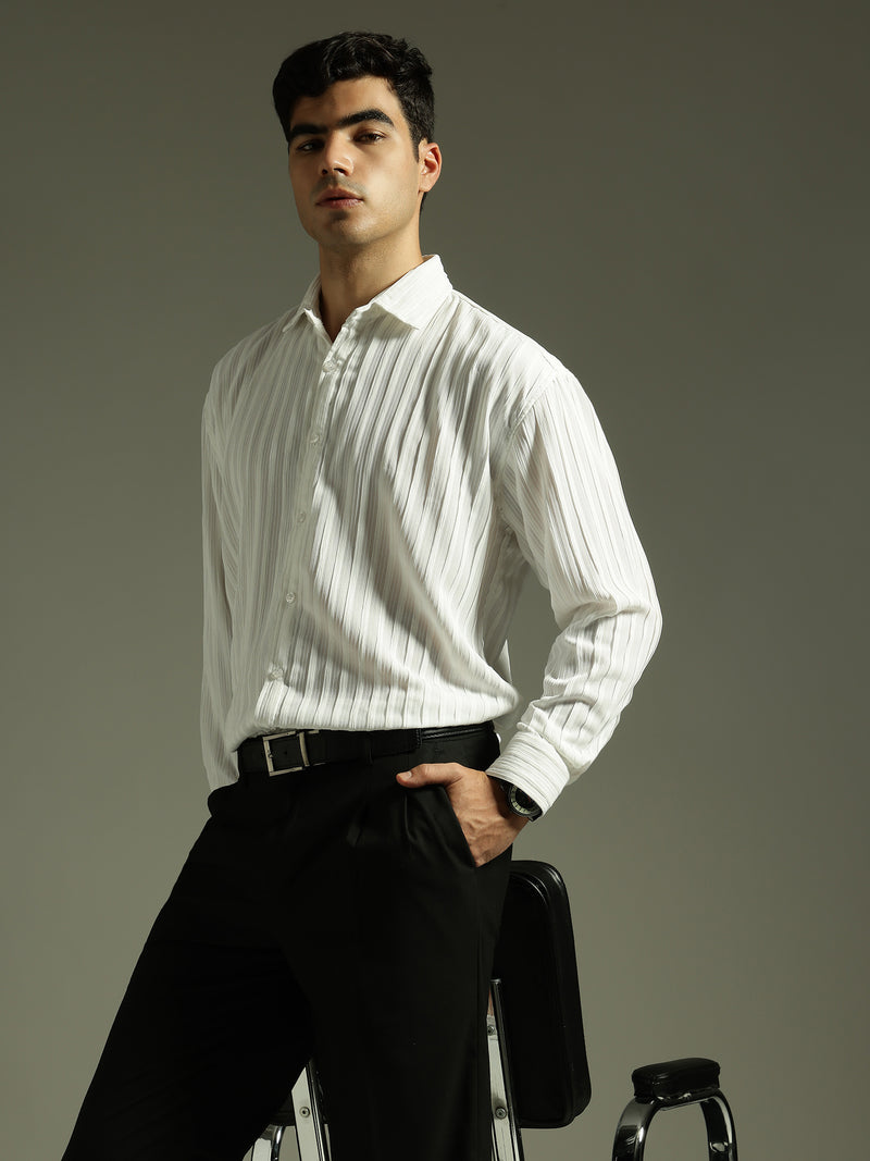 White: Stretchable Pleated Drop Shoulder Casual Shirt