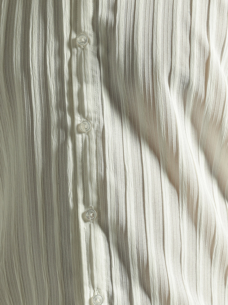 White: Stretchable Pleated Drop Shoulder Casual Shirt