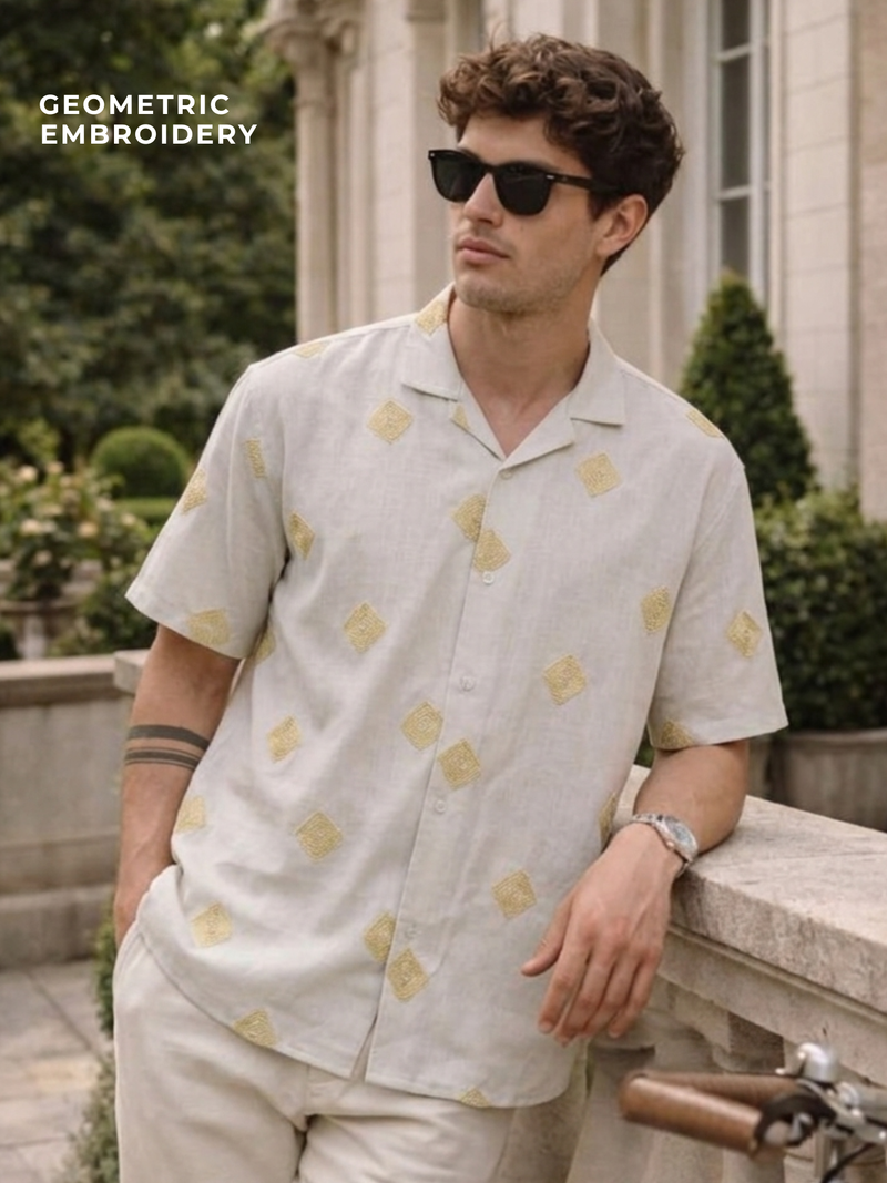 Beige: Half Sleeves Embroidered Shirt