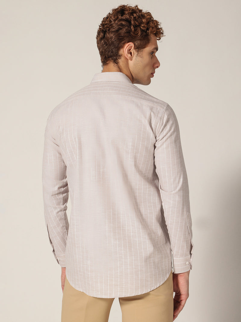 Beige & White: Vertical Stripes Formal Shirt