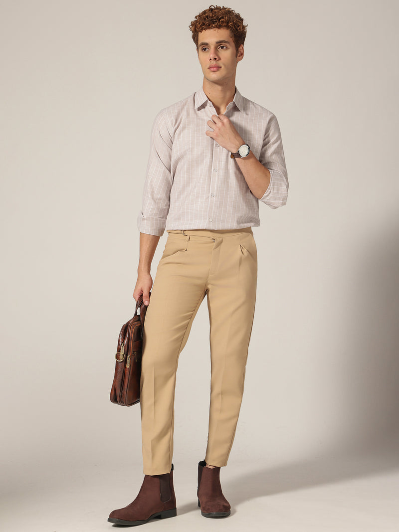 Beige & White: Vertical Stripes Formal Shirt