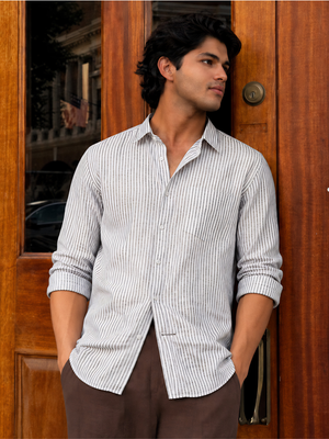White & Grey: Vertical Stripes Formal Shirt