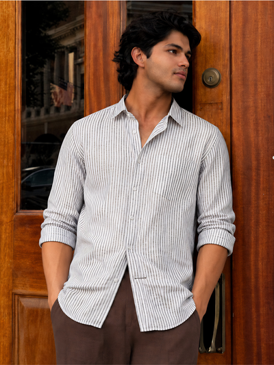 White & Grey: Vertical Stripes Formal Shirt