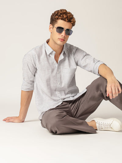 White & Grey: Vertical Stripes Formal Shirt