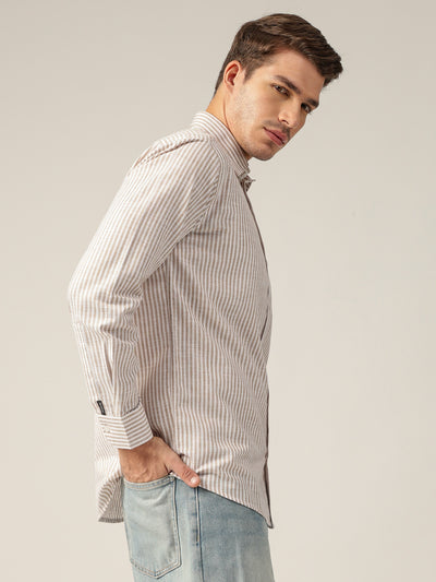 White & Beige: Vertical Stripes Formal Shirt