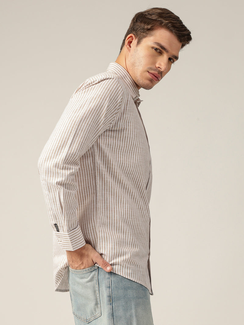 White & Beige: Vertical Stripes Formal Shirt