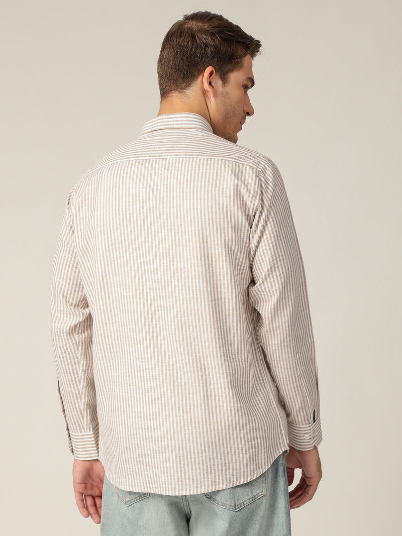 White & Beige: Vertical Stripes Formal Shirt
