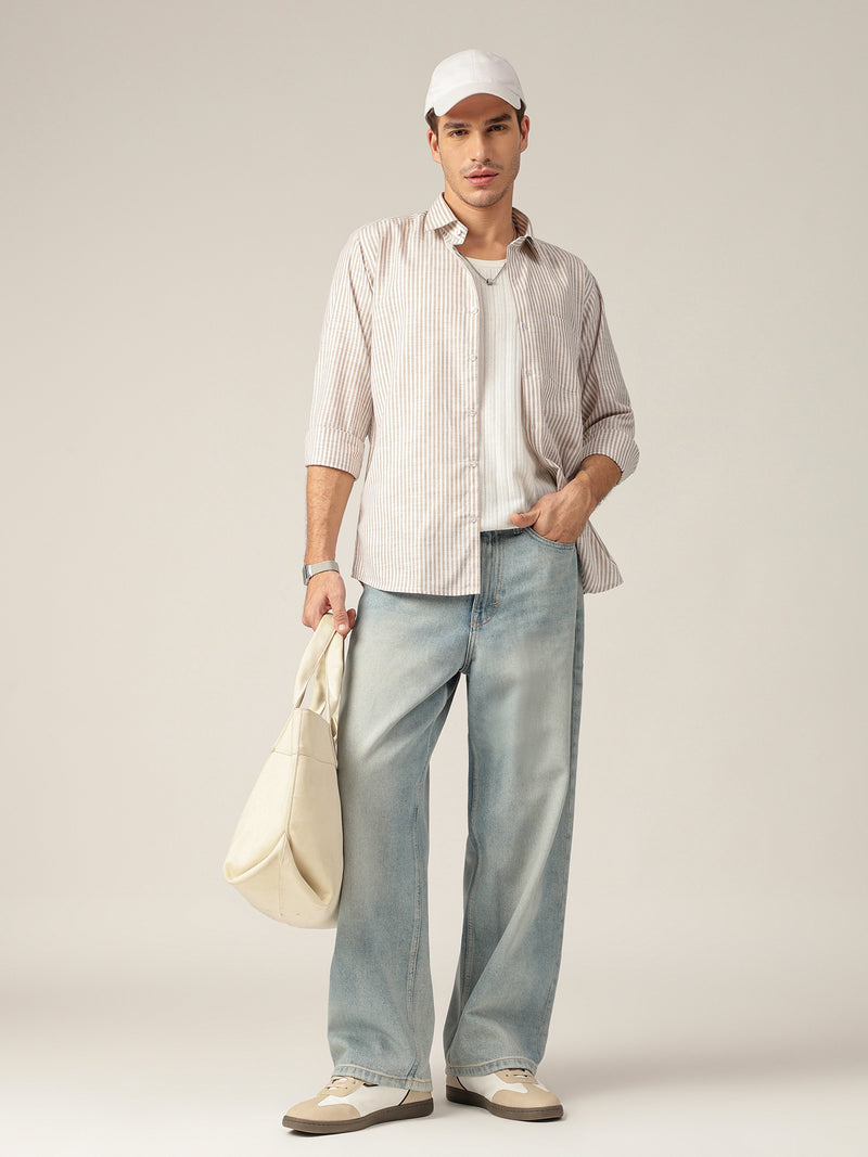 White & Beige: Vertical Stripes Formal Shirt