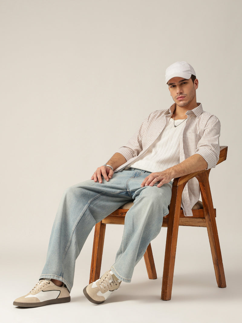 White & Beige: Vertical Stripes Formal Shirt