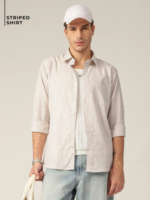 White & Beige: Vertical Stripes Formal Shirt