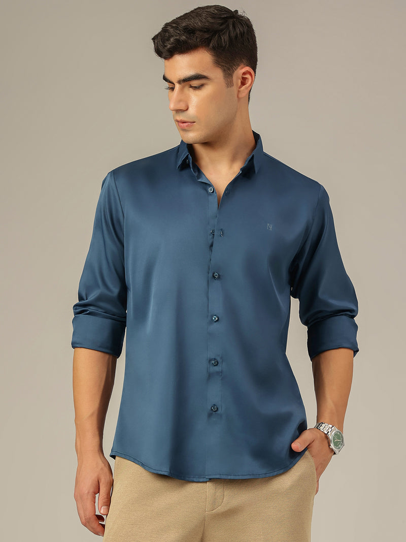 Teal Blue: Premium Party Wear Formal Satin Shirt