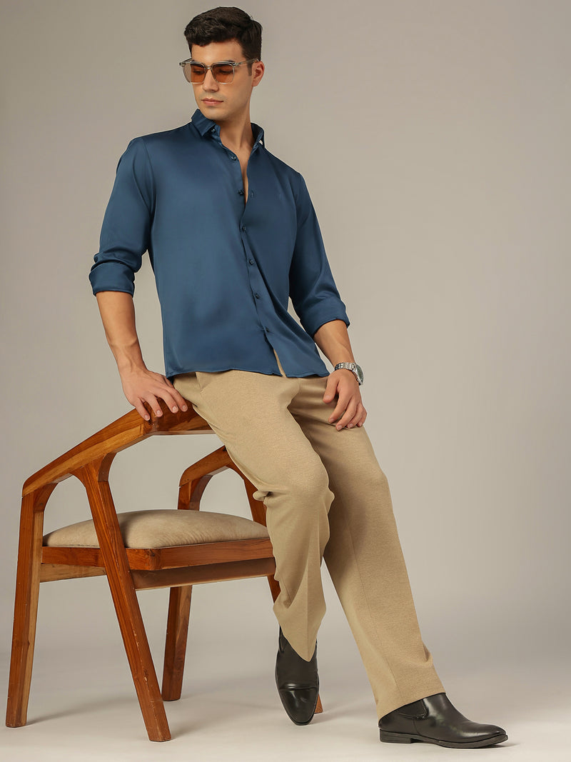 Teal Blue: Premium Party Wear Formal Satin Shirt