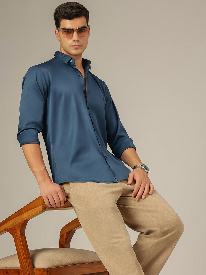 Teal Blue: Premium Party Wear Formal Satin Shirt
