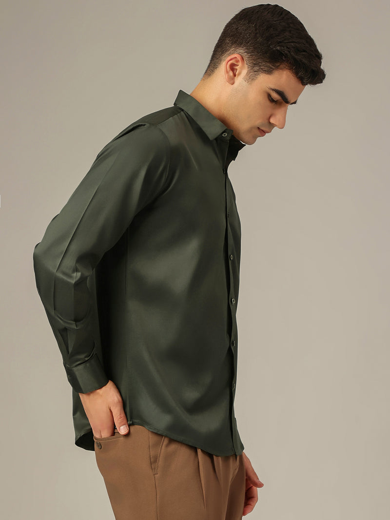 Dark Green: Premium Party Wear Formal Satin Shirt