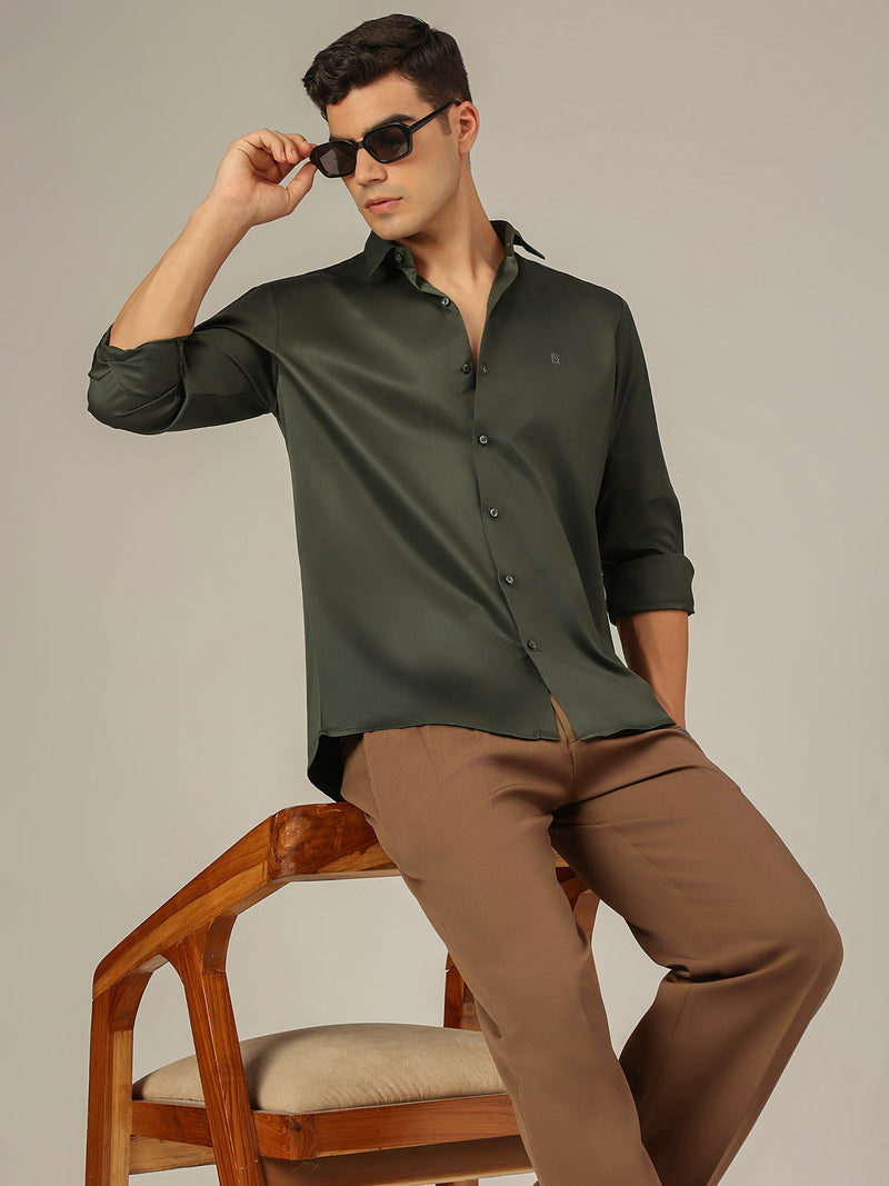 Dark Green: Premium Party Wear Formal Satin Shirt