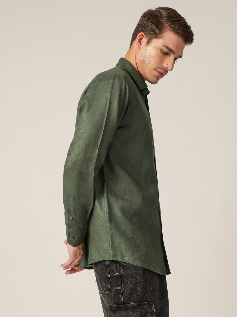 Green: Spread Collar Casual Linen Shirt