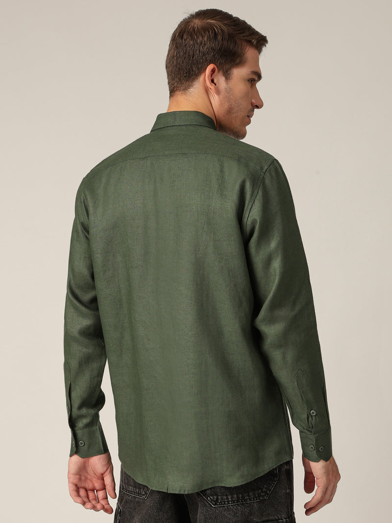Green: Spread Collar Casual Linen Shirt
