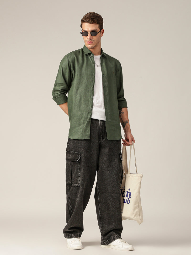 Green: Spread Collar Casual Linen Shirt