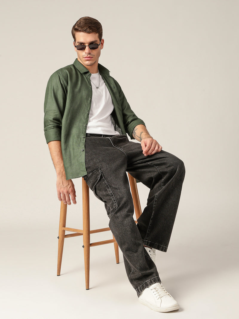 Green: Spread Collar Casual Linen Shirt