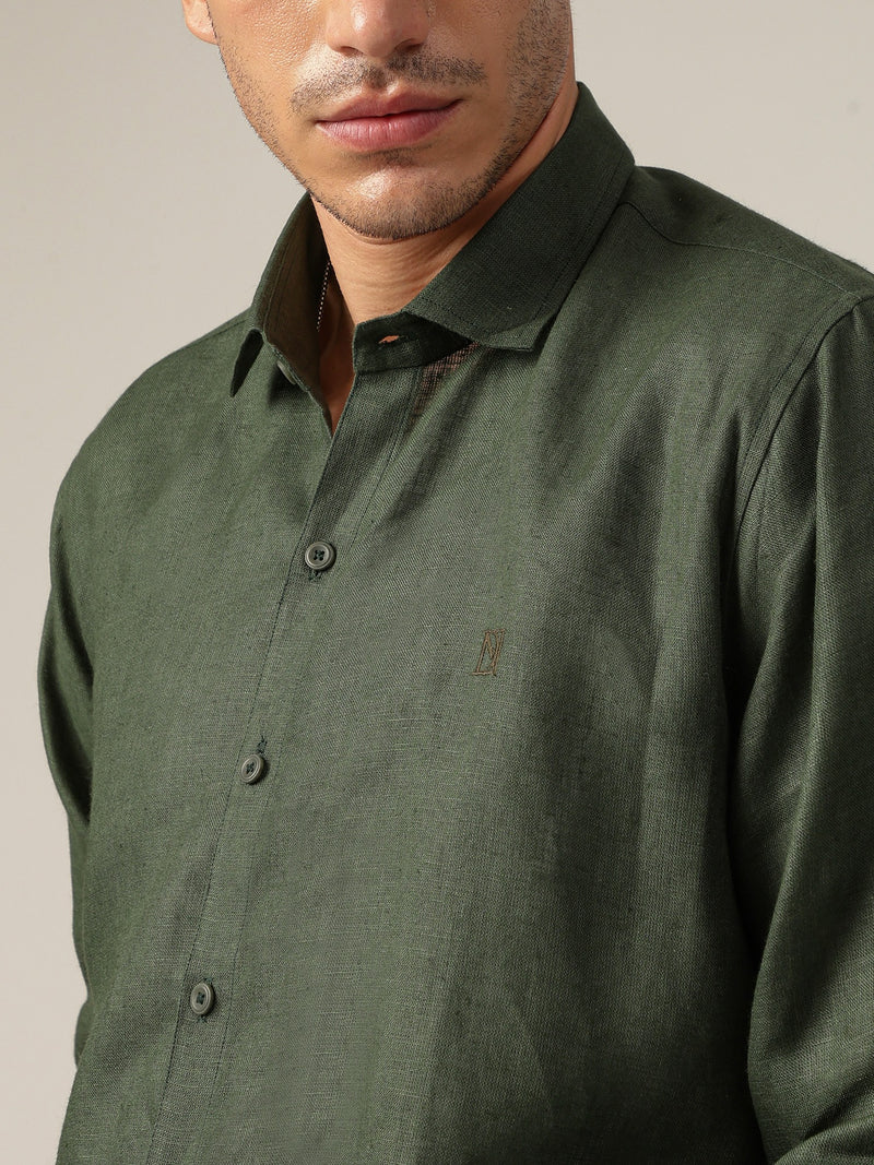 Green: Spread Collar Casual Linen Shirt