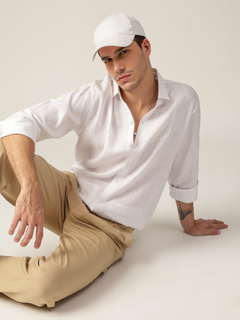 White: Spread Collar Casual Linen Shirt