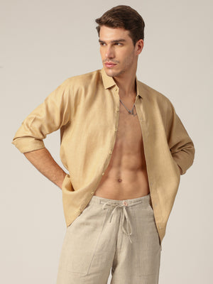 Beige: Spread Collar Casual Linen Shirt